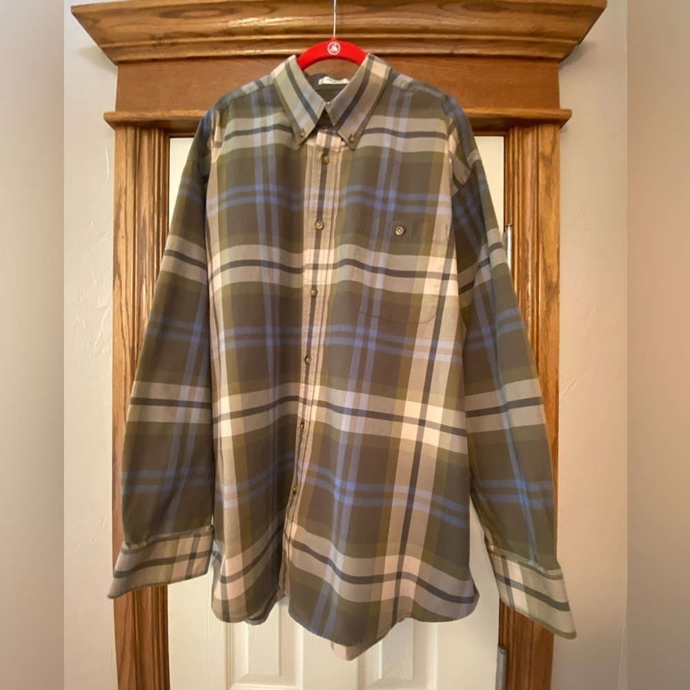 Orvis Mens Green Blue Plaid Long Sleeve Button Front Cotton Shirt Sz XXL